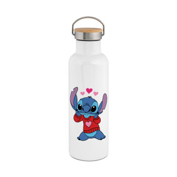 Stitch heart, Stainless steel White with wooden lid (bamboo), double wall, 750ml