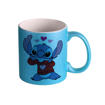 Stitch heart, Κούπα Σιέλ Glitter που γυαλίζει, κεραμική, 330ml