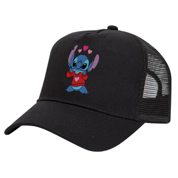 Stitch heart, Καπέλο Trucker με Δίχτυ, Μαύρο, (ΒΑΜΒΑΚΕΡΟ, ΠΑΙΔΙΚΟ, UNISEX, ONE SIZE)