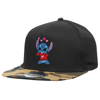 Stitch heart, Καπέλο Ενηλίκων Flat Snapback Μαύρο/Παραλλαγή, (100% ΒΑΜΒΑΚΕΡΟ TWILL, ΕΝΗΛΙΚΩΝ, UNISEX, ONE SIZE)