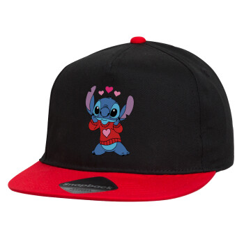 Stitch heart, Καπέλο παιδικό snapback, 100% Βαμβακερό, Μαύρο/Κόκκινο