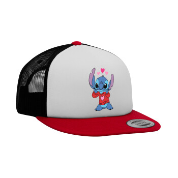 Stitch heart, Καπέλο Ενηλίκων Foam Flat Snapback με Δίχτυ Κόκκινο-Λευκό-Μαύρο (POLYESTER, ΕΝΗΛΙΚΩΝ, UNISEX, ONE SIZE)
