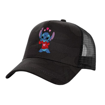 Stitch heart, Adult Structured Trucker Hat, with Mesh, Dark Army (100% COTTON, ADULT, UNISEX, ONE SIZE)