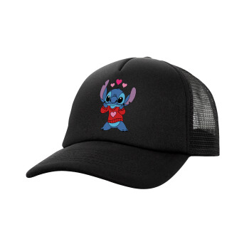 Stitch heart, Καπέλο Ενηλίκων Soft Trucker με Δίχτυ Μαύρο (POLYESTER, ΕΝΗΛΙΚΩΝ, UNISEX, ONE SIZE)