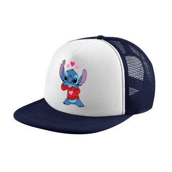 Stitch heart, Adult Soft Trucker Hat with Dark Blue/White Mesh (POLYESTER, ADULT, UNISEX, ONE SIZE)