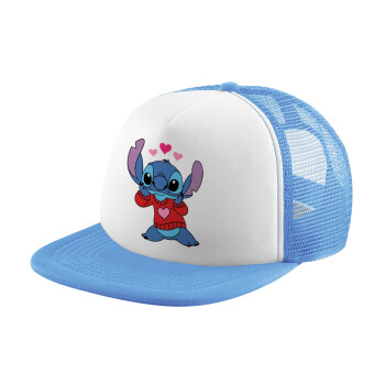 Stitch heart, Καπέλο παιδικό Soft Trucker με Δίχτυ Γαλάζιο/Λευκό