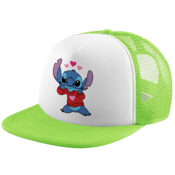 Stitch heart, Καπέλο παιδικό Soft Trucker με Δίχτυ Πράσινο/Λευκό