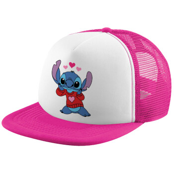 Stitch heart, Καπέλο παιδικό Soft Trucker με Δίχτυ Pink/White 