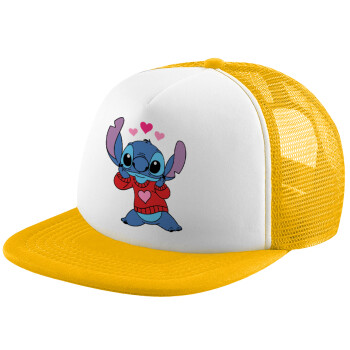 Stitch heart, Καπέλο παιδικό Soft Trucker με Δίχτυ Κίτρινο/White 