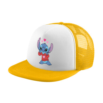 Stitch heart, Adult Soft Trucker Hat with Yellow/White Mesh (POLYESTER, ADULT, UNISEX, ONE SIZE)