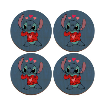 Stitch heart, ΣΕΤ x4 Σουβέρ ξύλινα στρογγυλά plywood (9cm)