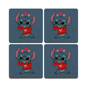 Stitch heart, ΣΕΤ x4 Σουβέρ ξύλινα τετράγωνα plywood (9cm)