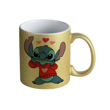 Stitch heart, Κούπα Χρυσή Glitter που γυαλίζει, κεραμική, 330ml
