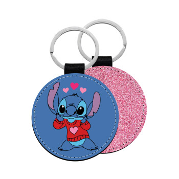 Stitch heart, Μπρελόκ Δερματίνη, στρογγυλό ΡΟΖ (5cm)