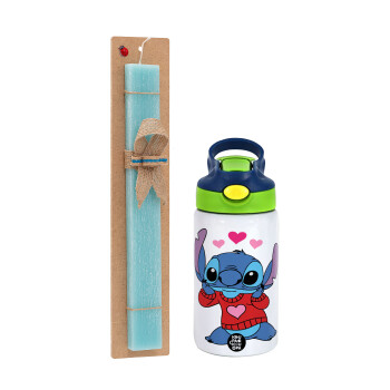 Stitch heart, Easter Set, Children's thermal stainless steel bottle with safety straw, green/blue (350ml) & aromatic flat Easter candle (30cm) (TURQUOISE)