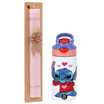 Stitch heart, Easter Set, Children's thermal stainless steel water bottle with safety straw, pink/purple (350ml) & Easter scented flat candle (30cm) (PINK)