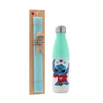 Stitch heart, Easter Set, Metallic green/white thermos (Stainless steel), double-walled, 500ml & scented flat Easter candle (30cm) (TURQUOISE)