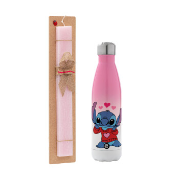 Stitch heart, Easter Set, Metallic pink/white (Stainless steel) thermos, double-walled, 500ml & aromatic flat Easter candle (30cm) (PINK)