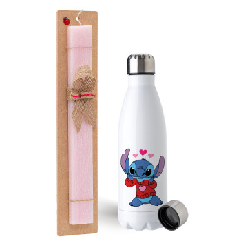Stitch heart, Easter Set, metallic stainless steel water bottle (750ml) & scented flat Easter candle (30cm) (PINK)