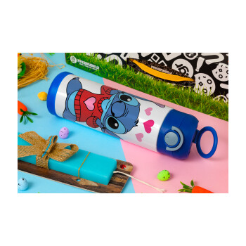 Stitch heart, Easter candle, Childrens hot water bottle, stainless steel, with safety straw, BLUE (500ml)