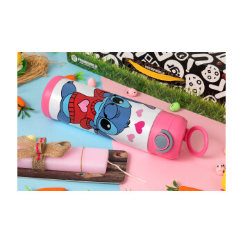 Stitch heart, Πασχαλινή Λαμπάδα με Παιδικό παγούρι θερμό, ανοξείδωτο, με καλαμάκι ασφαλείας, ΡΟΖ (500ml)