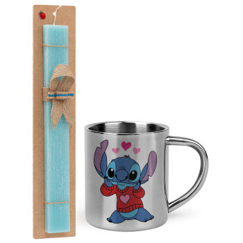 Stitch heart, Easter Set, metallic thermal cup (300ml) & aromatic flat Easter candle (30cm) (TURQUOISE)