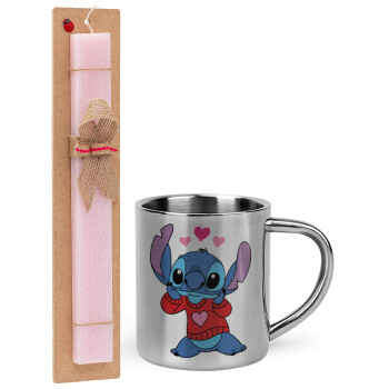 Stitch heart, Easter Set, metallic thermal cup (300ml) & aromatic flat Easter candle (30cm) (PINK)