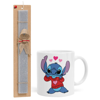 Stitch heart, Easter Set, Ceramic Cup (330ml) & Easter aromatic flat candle (30cm) (GRAY)