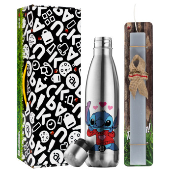 Stitch heart, Easter Set, metallic stainless thermos flask (500ml) & scented flat Easter candle (30cm) (GRAY)