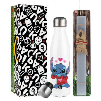 Stitch heart, Easter candle, metallic white thermos bottle (500ml) & aromatic flat candle (30cm) (GRAY)