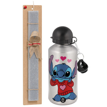Stitch heart, Easter Set, metallic silver aluminum water bottle (500ml) & aromatic flat Easter candle (30cm) (GRAY)
