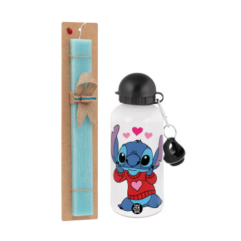 Stitch heart, Easter Set, metallic aluminum water bottle (500ml) & scented flat candle (30cm) (TURQUOISE)