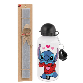 Stitch heart, Easter Set, metallic aluminum water bottle (500ml) & aromatic flat Easter candle (30cm) (GRAY)