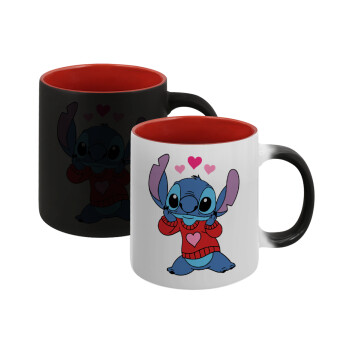 Stitch heart, Κούπα Μαγική εσωτερικό κόκκινο, κεραμική, 330ml που αλλάζει χρώμα με το ζεστό ρόφημα