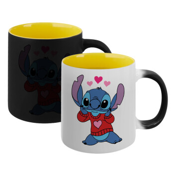 Stitch heart, Κούπα Μαγική εσωτερικό κίτρινη, κεραμική 330ml που αλλάζει χρώμα με το ζεστό ρόφημα