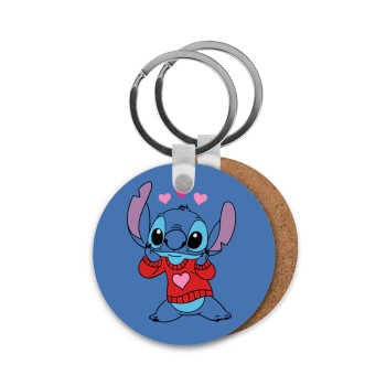 Stitch heart, Μπρελόκ Ξύλινο στρογγυλό MDF Φ5cm