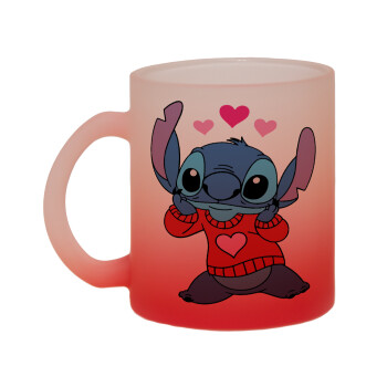 Stitch heart, Κούπα γυάλινη δίχρωμη με βάση το κόκκινο ματ, 330ml