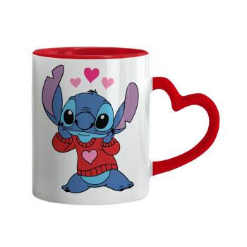 Stitch heart, Mug heart red handle, ceramic, 330ml