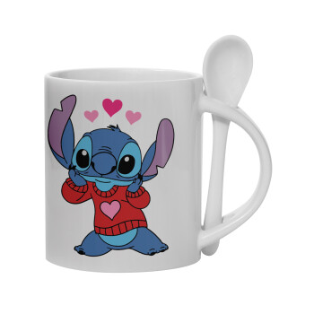 Stitch heart, Ceramic coffee mug with Spoon, 330ml (1pcs)