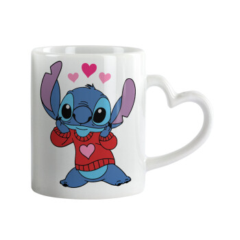 Stitch heart, Κούπα καρδιά χερούλι λευκή, κεραμική, 330ml