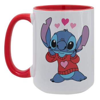 Stitch heart, Κούπα Mega 15oz, κεραμική Κόκκινη, 450ml