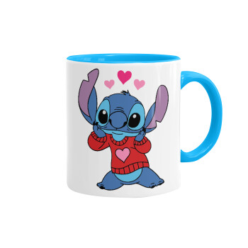 Stitch heart, Mug colored light blue, ceramic, 330ml
