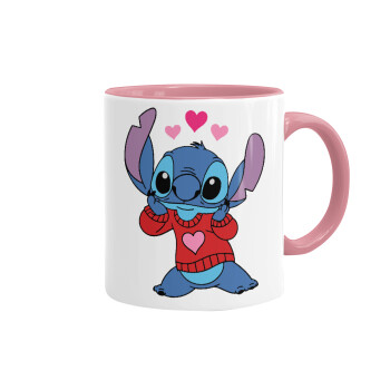 Stitch heart, Mug colored pink, ceramic, 330ml