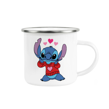 Stitch heart, Metallic enamel cup white 360ml