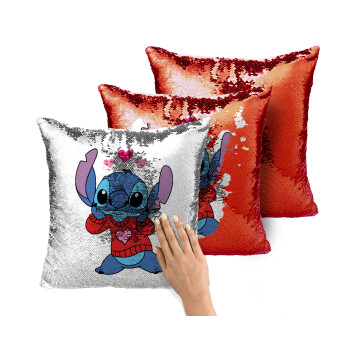 Stitch heart, Μαξιλάρι καναπέ Μαγικό Κόκκινο με πούλιες 40x40cm περιέχεται το γέμισμα