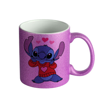 Stitch heart, Κούπα Μωβ Glitter που γυαλίζει, κεραμική, 330ml
