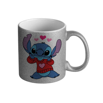 Stitch heart, Κούπα Ασημένια Glitter που γυαλίζει, κεραμική, 330ml