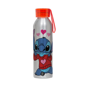 Stitch heart, Aluminum Sports Bottle 650ml – Silver with Red Cap and Silicone Strap