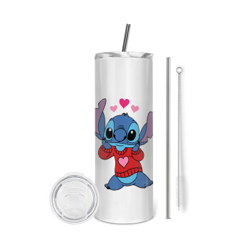Stitch heart, Tumbler stainless steel 600ml, with metal straw & cleaning brush