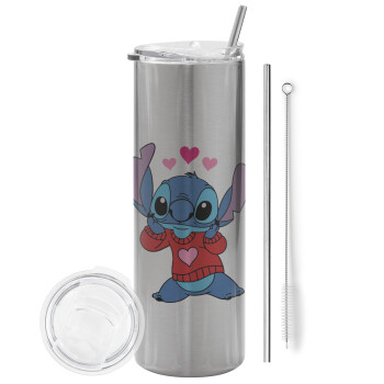 Stitch heart, Eco friendly stainless steel Silver tumbler 600ml, with metal straw & cleaning brush